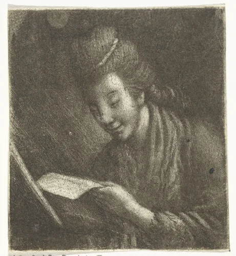Jonge vrouw met bladmuziek by Theodorus de Roode, print, 1746-1793