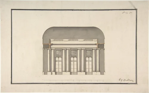 Section of a Ballroom: Three Doorways between Sets of Two Columns by anonymous, drawing, 1700-1800