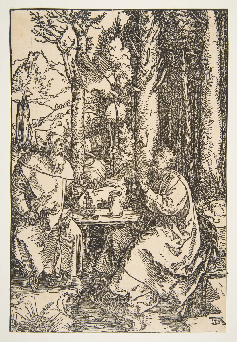 Saint Anthony and Saint Paul in the Desert by Albrecht Dürer, print, 1503-1504