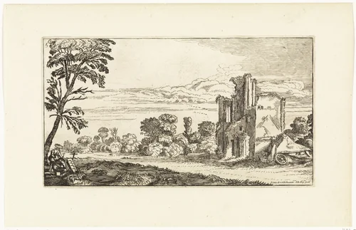 Landschap met ruïne by Simon Poelenburg, print, 1602-1649