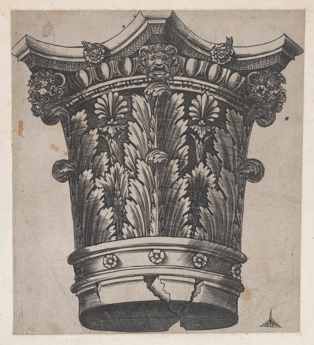 Capital with heads and masks, from "Speculum Romanae Magnificentiae" by Monogrammist G.A. with the Caltrop, print, 1534-1540