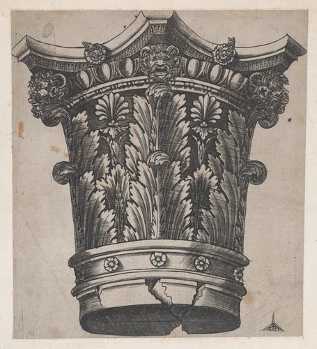 Capital with heads and masks, from "Speculum Romanae Magnificentiae" by Monogrammist G.A. with the Caltrop, print, 1534-1540