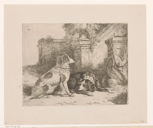 Twee patrijshonden bij een trap by Joseph Moerenhout, print, 1811-1874