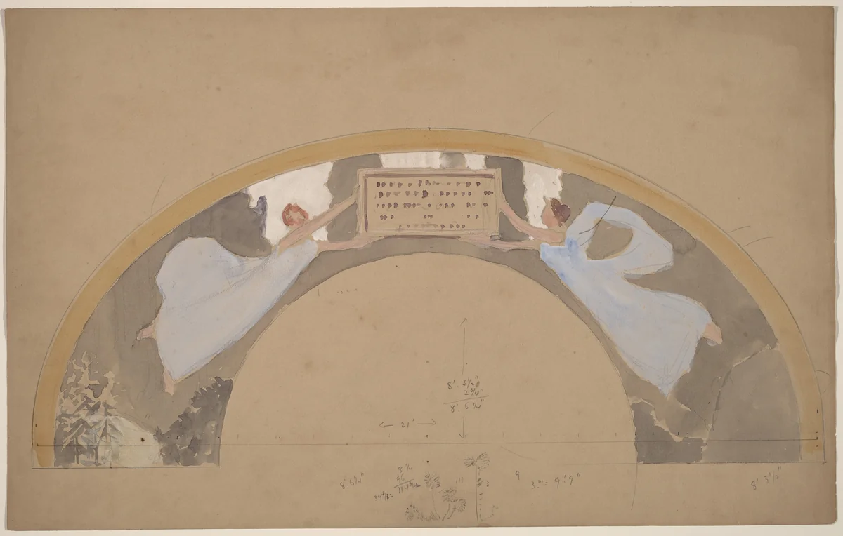 Study of Two Female Figures in Arched Border by Charles Sprague Pearce, drawing, 1890-1897
