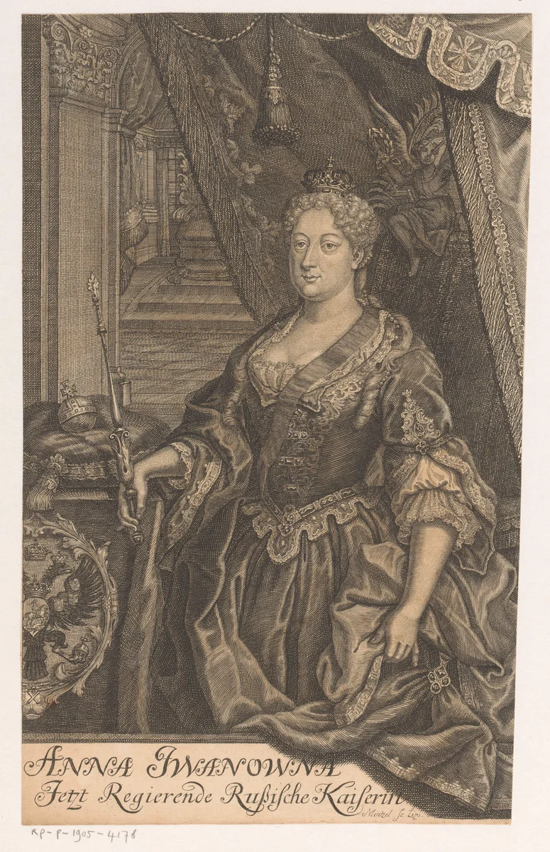 Portret van tsarina Anna Ivanovna van Rusland by Johann Georg Mentzel, print, 1730-1743