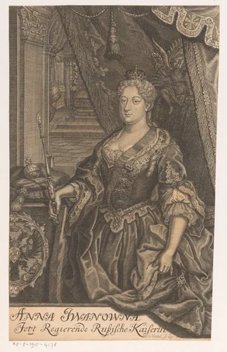 Portret van tsarina Anna Ivanovna van Rusland by Johann Georg Mentzel, print, 1730-1743