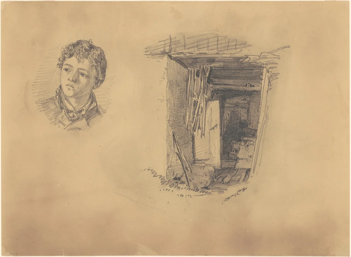 Head of a Boy; and the Entrance to a Shack by John Singer Sargent, drawing, 1871