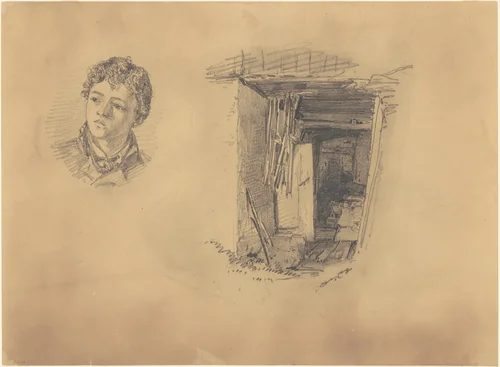 Head of a Boy; and the Entrance to a Shack by John Singer Sargent, drawing, 1871