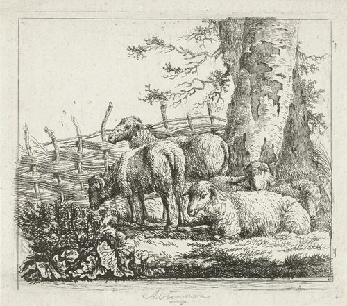 Schapen bij een gevlochten hek by Anthony Oberman, print, 1796-1845