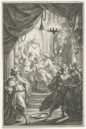 Aanval op tronende Oosterling by Simon Fokke, print, 1722-1784