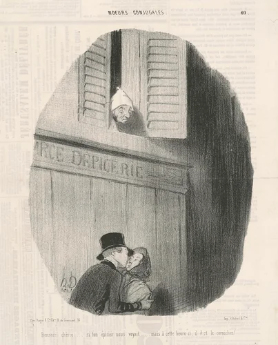 Bonsoir chérie...si ton épicier nous voyait... by Honoré Daumier, print, 1842