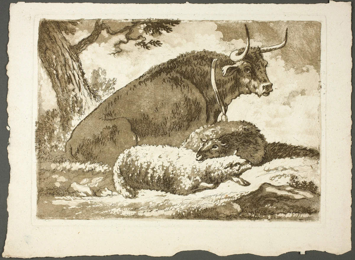 A Bull and Two Sheep by Pierre Lelu, print, 1761-1810
