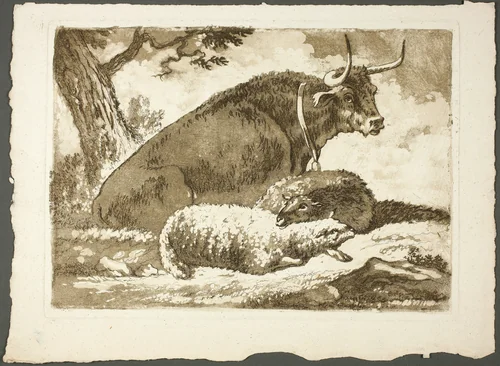 A Bull and Two Sheep by Pierre Lelu, print, 1761-1810