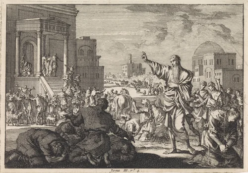 Jona voorspelt de ondergang van Nineve by Jan Luyken, print, 1703