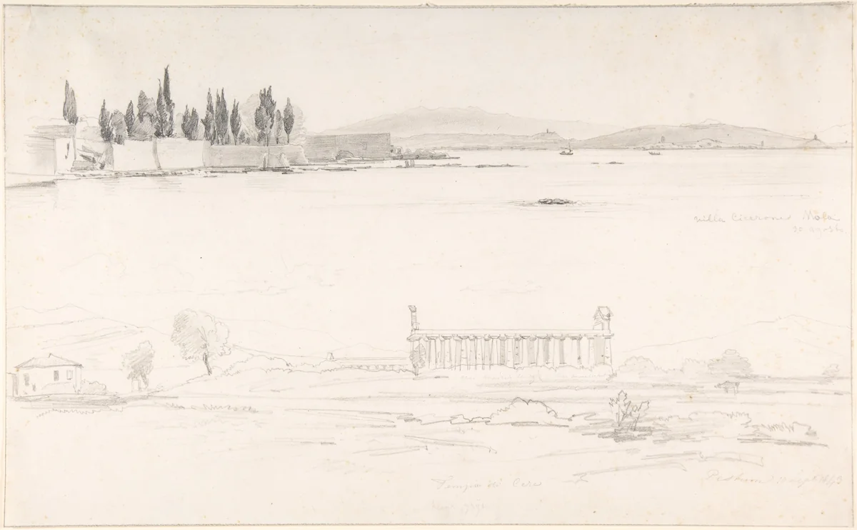 Studies of the Villa Cicerone at the Lago Lucrino near Naples and of the Temple at Paestum (Italy) by Pierre Louis Dubourcq, drawing, 1830-1873