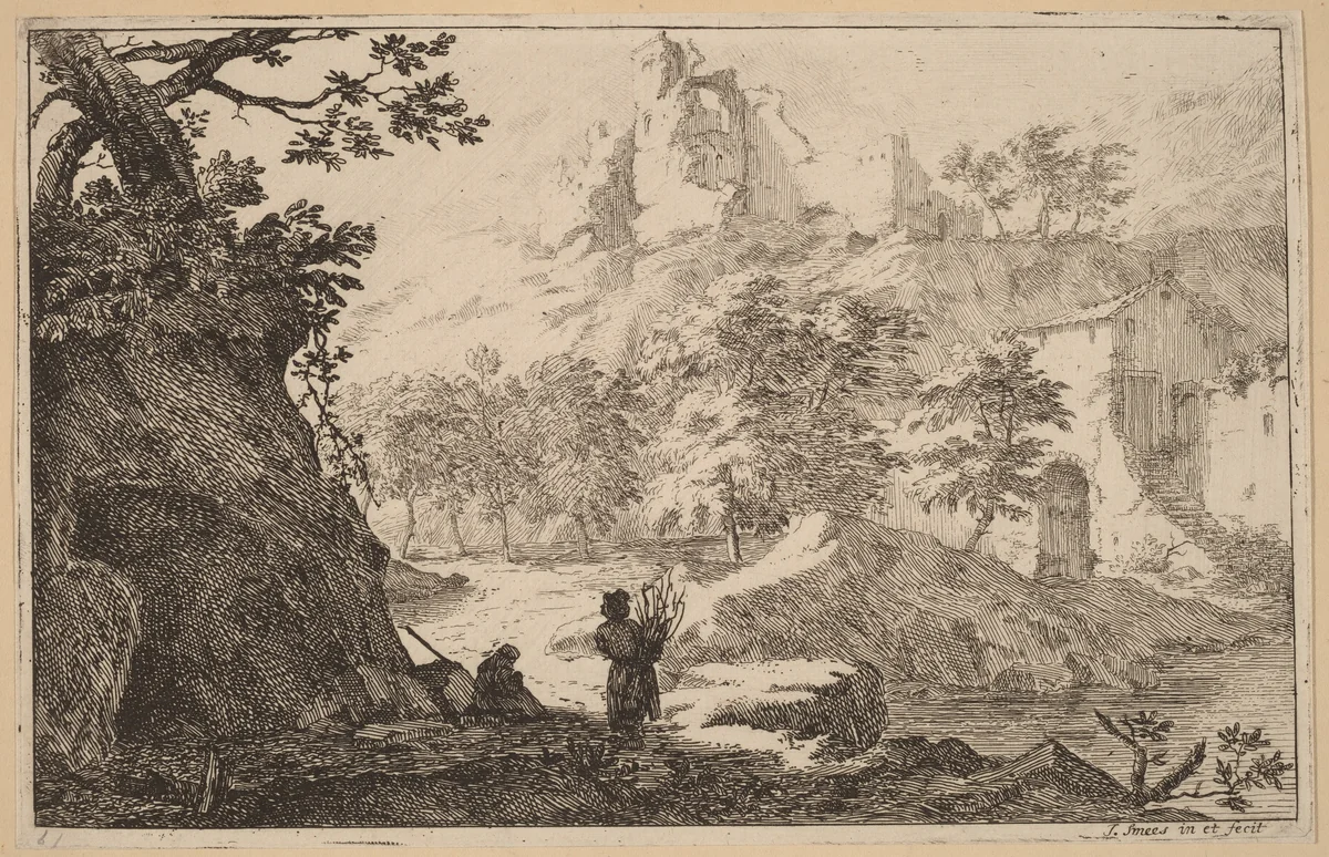 Ruins on a Hilltop by Jan Smees, print, 1685-1729