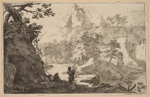 Ruins on a Hilltop by Jan Smees, print, 1685-1729