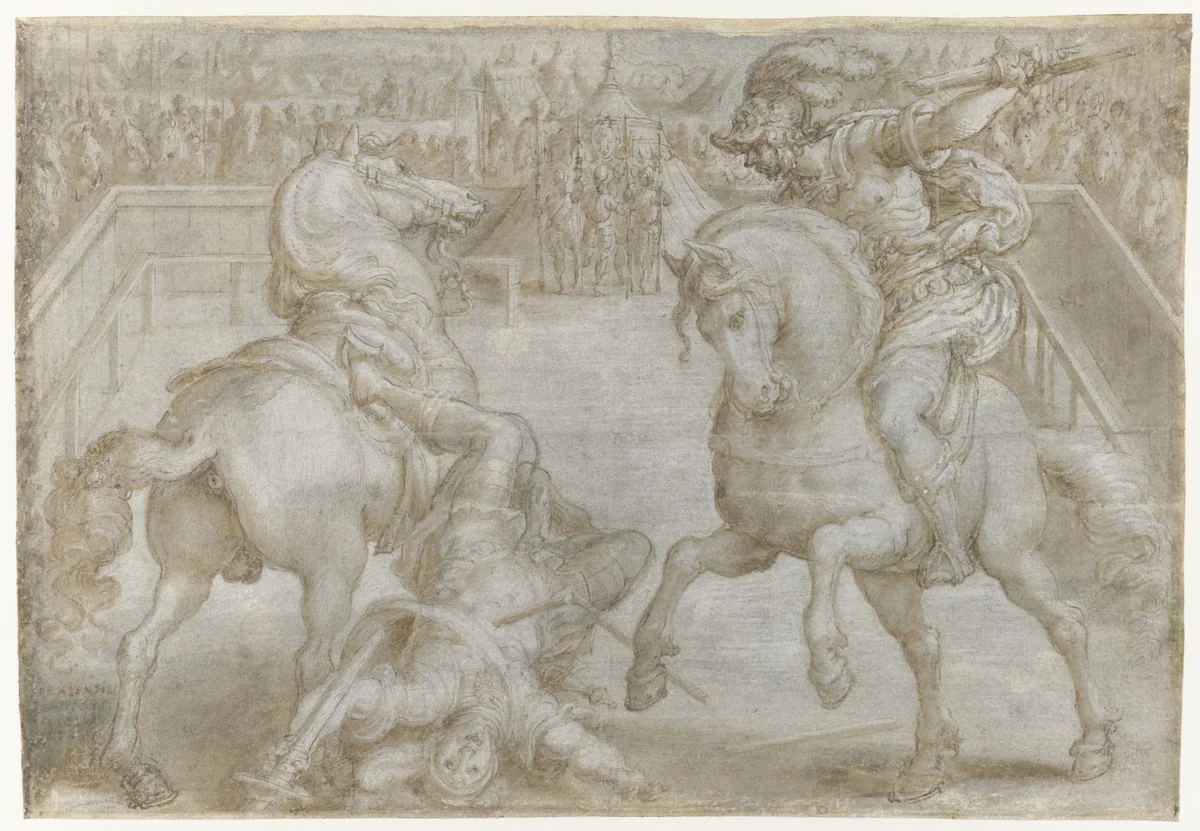 Giovanni de Medici in een steekspel by Jan van der Straet, drawing, 1570-1583