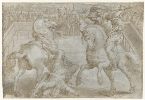 Giovanni de Medici in een steekspel by Jan van der Straet, drawing, 1570-1583
