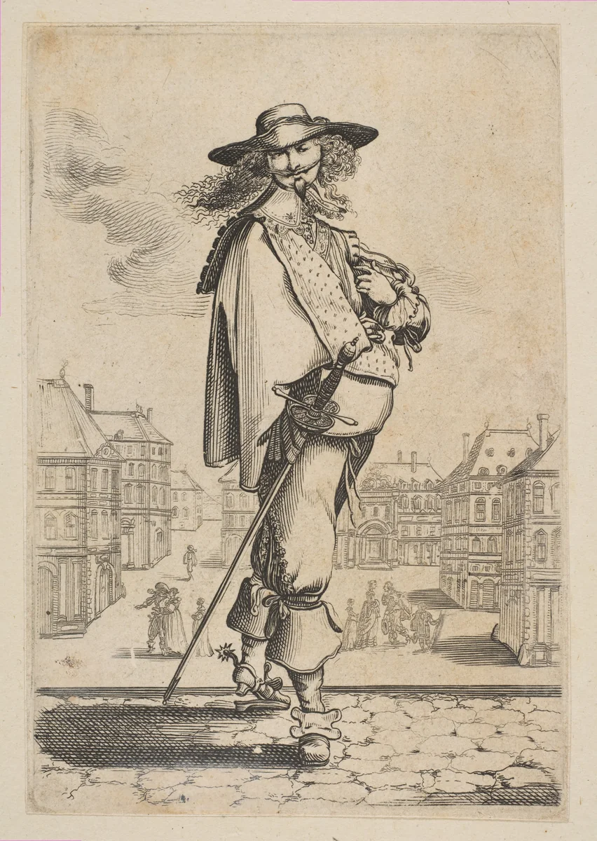 Gentleman with a Sword Before Some Buildings by anonymous, print, 1629