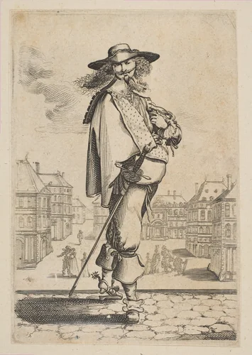 Gentleman with a Sword Before Some Buildings by anonymous, print, 1629