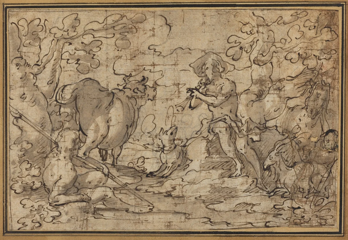 Mercury and Argus by Joachim Anthonisz. Wtewael, drawing, 1566-1638