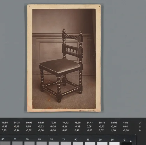 Reclame voor houten meubels van Odell met gezicht op een stoel by anonymous, photograph, 1865-1900