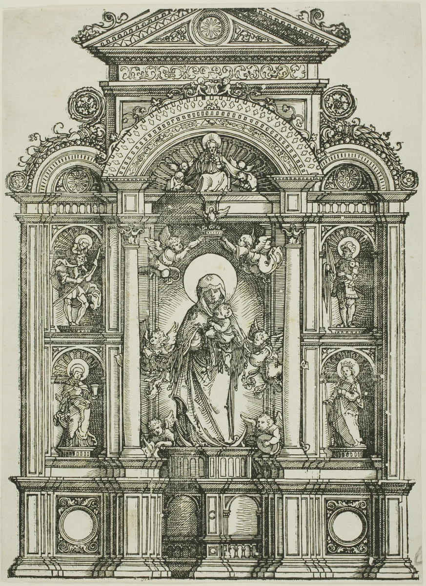 Altarpiece with the Beautiful Virgin of Regensburg and Saints Christopher, Mary Magdalen, Florian and Catherine Standing in Niches, with God the Father Above by Albrecht Altdorfer, print, 1500-1538