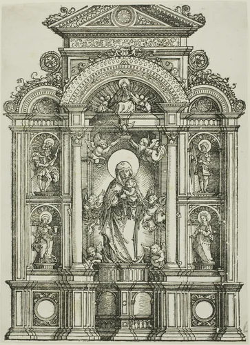 Altarpiece with the Beautiful Virgin of Regensburg and Saints Christopher, Mary Magdalen, Florian and Catherine Standing in Niches, with God the Father Above by Albrecht Altdorfer, print, 1500-1538