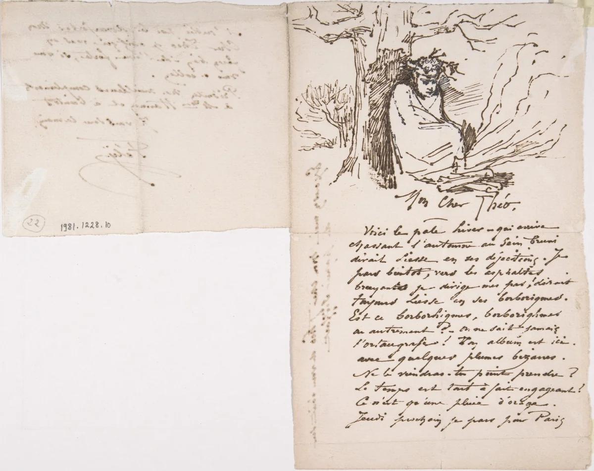 Letter to Theo Hanon, from Rops, signed Fély by Félicien Rops, drawing, 1833-1898