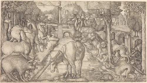 The Unicorn Purifies the Water with Its Horn by Jean Duvet, print, 1555-1561