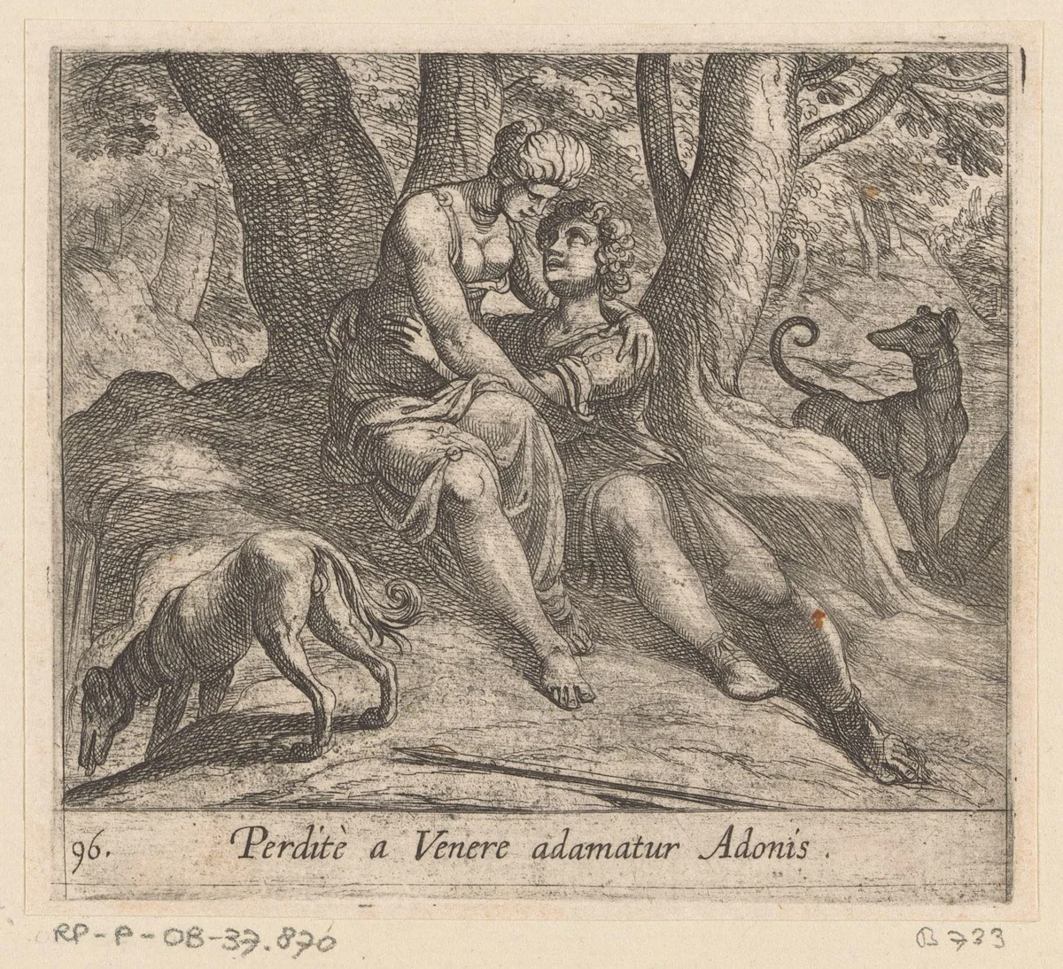 Venus en Adonis elkaar omhelzend by Antonio Tempesta, print, 1606
