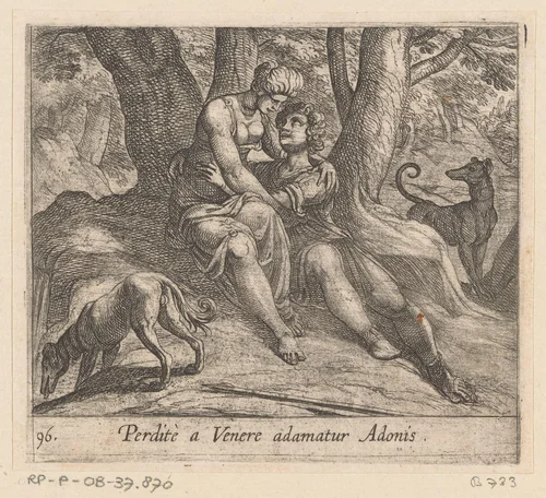 Venus en Adonis elkaar omhelzend by Antonio Tempesta, print, 1606