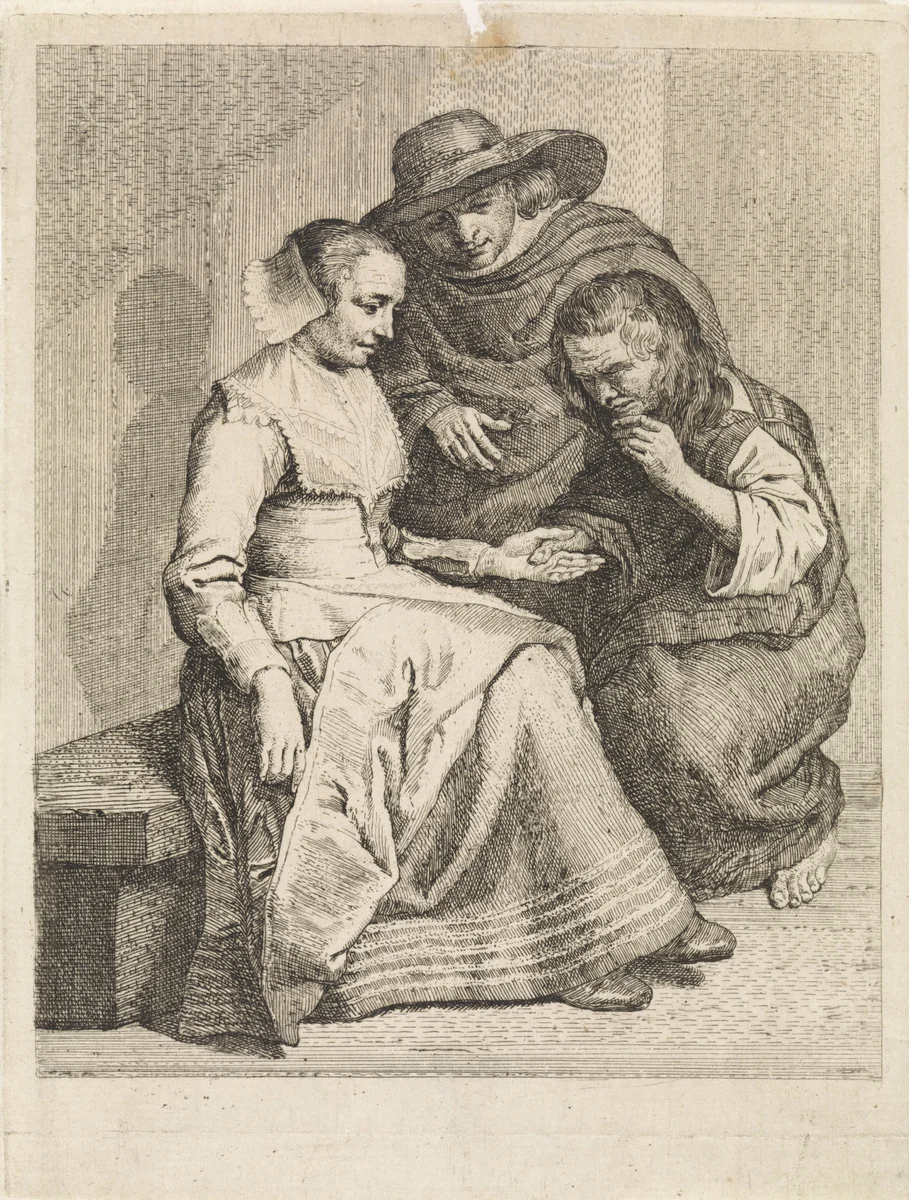 Roma vrouw leest de hand van een vrouw by Philippe Spruyt, print, 1747-1801