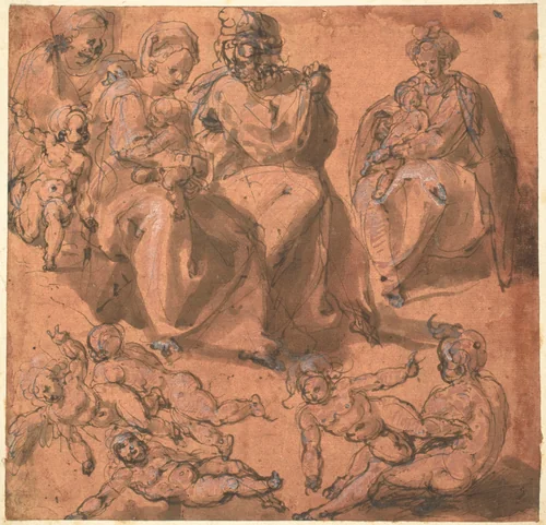 Studies of a Holy Family by Cesare Pollini, drawing, 1560-1630