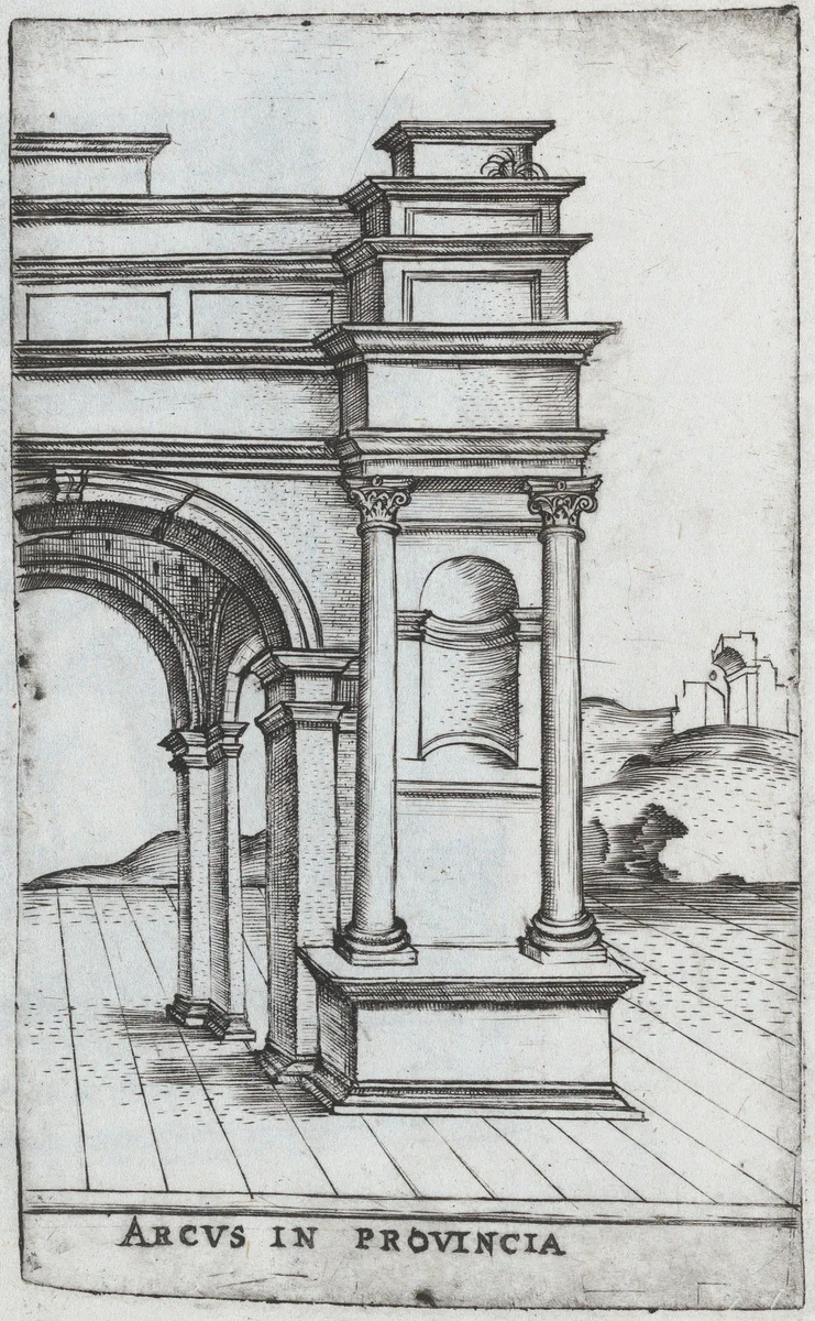 Arcus S. Georgii, from a Series of Prints depicting (reconstructed) Buildings from Roman Antiquity by Monogrammist G.A. with the Caltrop, book, 1530-1550