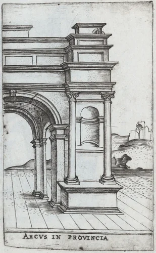 Arcus S. Georgii, from a Series of Prints depicting (reconstructed) Buildings from Roman Antiquity by Monogrammist G.A. with the Caltrop, book, 1530-1550