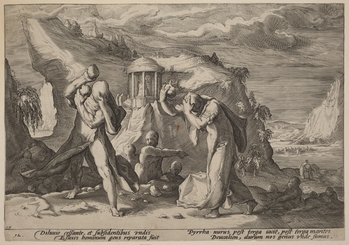 Deucalion and Pyrra Repeopling the Earth by Hendrick Goltzius, print, 1589