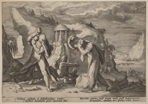 Deucalion and Pyrra Repeopling the Earth by Hendrick Goltzius, print, 1589