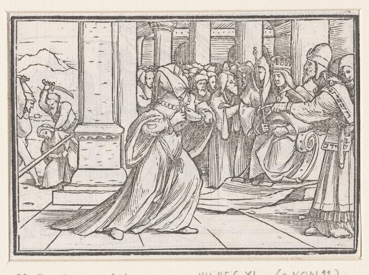 Atalja scheurt haar kleren voor de hogepriester by Hans Holbein, print, 1538