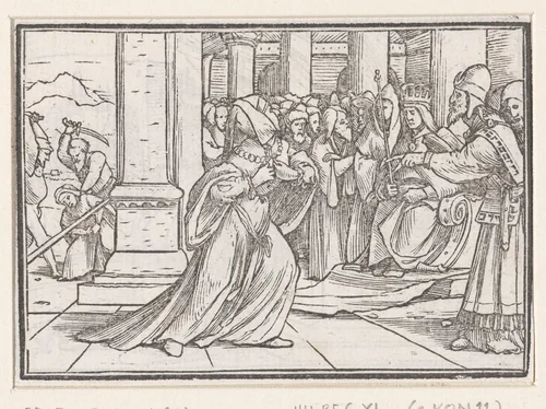 Atalja scheurt haar kleren voor de hogepriester by Hans Holbein, print, 1538