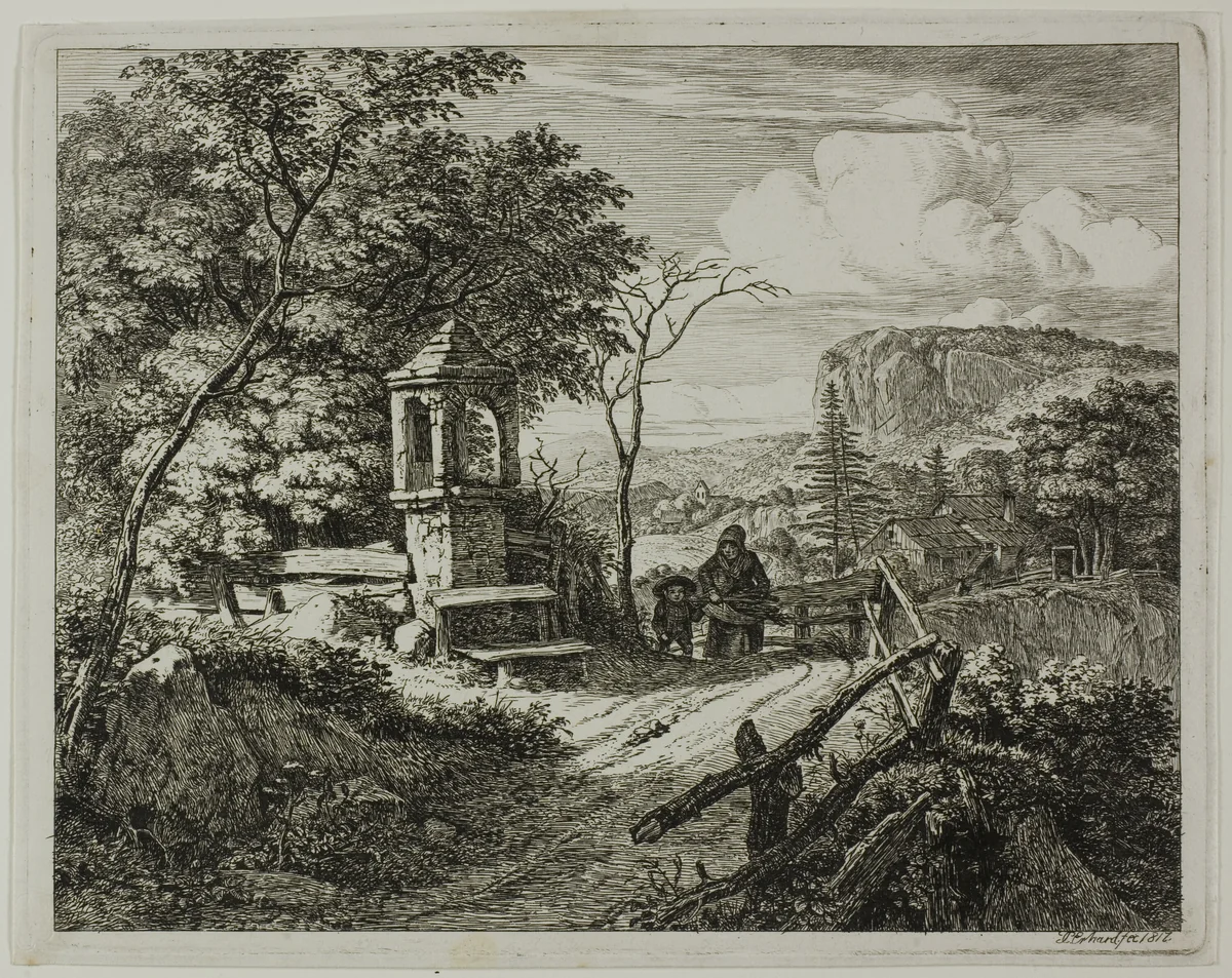 Wood Gatherer with a Boy, plate two from Die zwei grossen Landschaften mit den Betsäulen by Johann Christoph Erhard, print, 1817