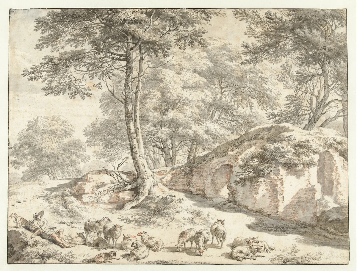 Herder met schapen bij een ruïne tussen bomen by Nicolaes Pietersz Berchem, drawing, 1665-1675