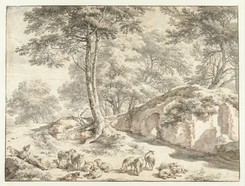 Herder met schapen bij een ruïne tussen bomen by Nicolaes Pietersz Berchem, drawing, 1665-1675