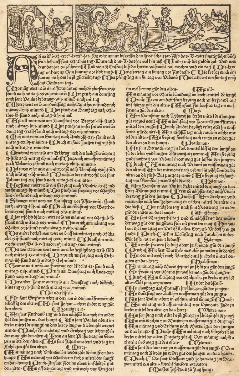 Calendar with the Nativity and Adoration by German 15th Century, print, 1475