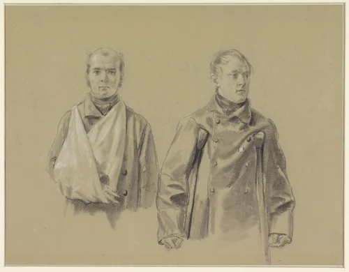 Twee gewonde soldaten, de linker met zijn arm in een mitella, de rechter op krukken by Jacob Joseph Eeckhout, drawing, 1803-1861