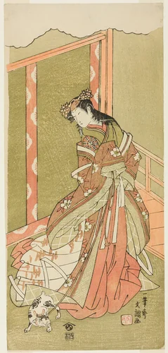 The Actor Nakamura Noshio I as the Third Princess (Nyosan no Miya) in the Play Fuki Kaete Tsuki mo Yoshiwara (Rethatched Roof: The Moon also Shines Over the Yoshiwara Pleasure District), Perfromed at the Morita Theater from the First Day of the Eleventh Month, 1771 by Ippitsusai Buncho, print, 1766-1776
