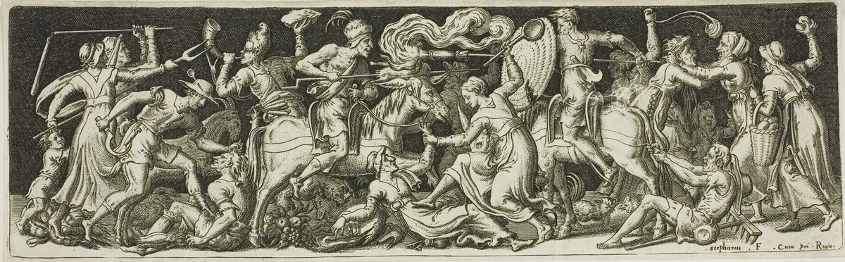 Grotesque Battle, from Combats and Triumphs by Etienne Delaune, print, 1561-1582