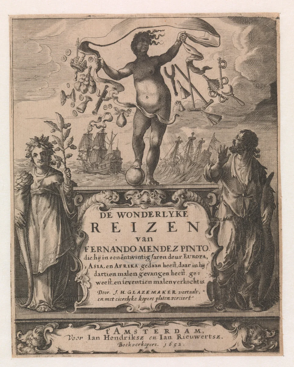 Frontispice van De wonderlyke reizen van Fernando Mendez Pinto by anonymous, print, 1652