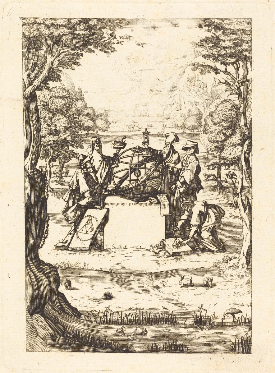 Frontispiece for the Sacred Cosmologia (Title with Astrologers) by Jacques Callot, print, 1630-1699